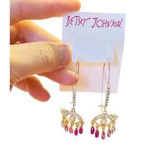 Betsey Johnson Evil Eye Dangle Earrings | Crystal Pave | Pink Tonal Stones